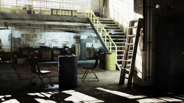 Afternoon packing and staging area, bright upper windows casting linear shadows, rows of stacked crates and equipment carts, atmosphere of logistical