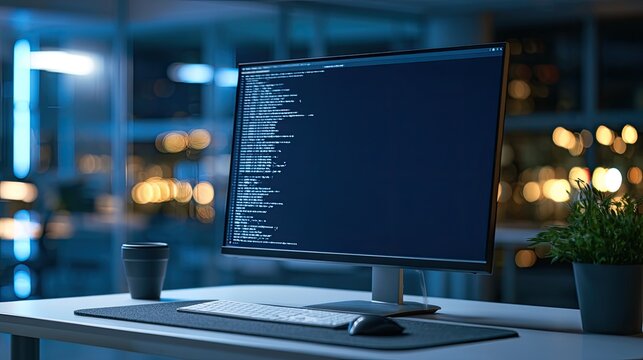 Computer screen displays lines of code in dimly lit office at night