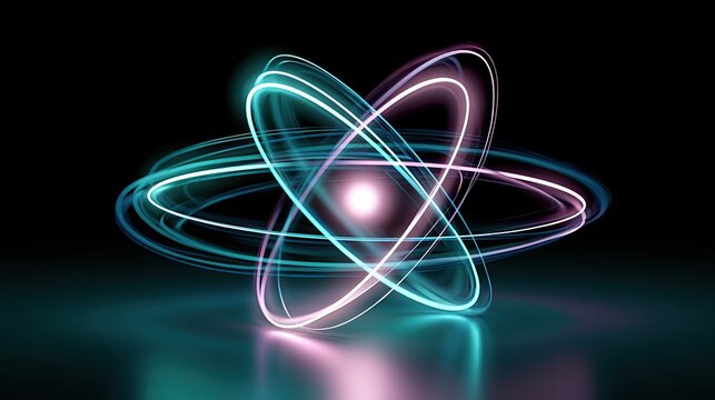 Abstract glowing orb with orbiting rings on a dark reflective surface