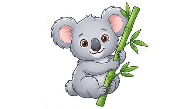Cute cartoon koala bear holding a green bamboo stalk illustration isolated on transparent background