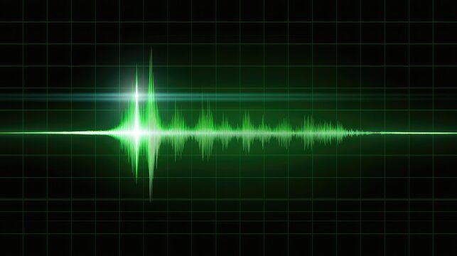 Green sound wave glowing on a dark grid background with bright light