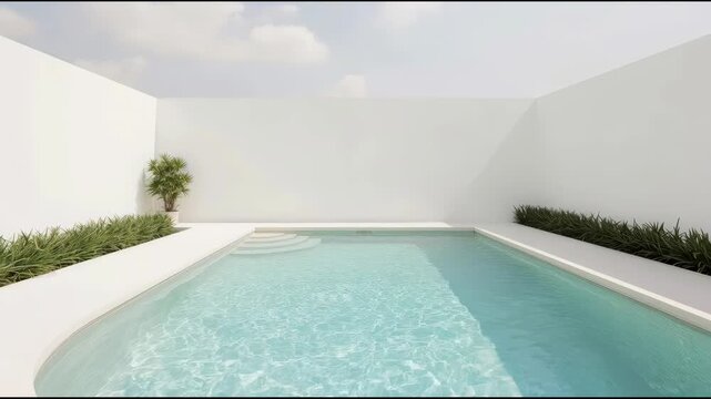 Minimalist backyard swimming pool with turquoise water, white wall, modern architecture
