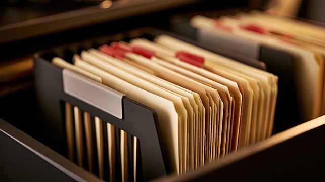 Organized file folders in a drawer with red tabs