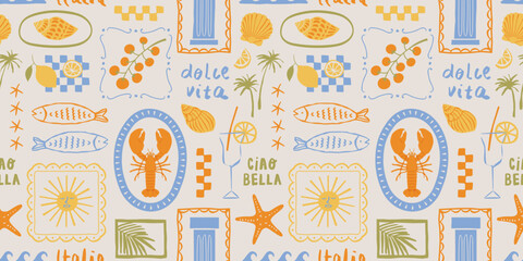 Fototapeta na wymiar Hand drawn italian summer vacation patchwork seamless pattern. Colorful italy beach travel background art with lobster, palm tree and text quote. Sea food wallpaper texture, trendy surface design.