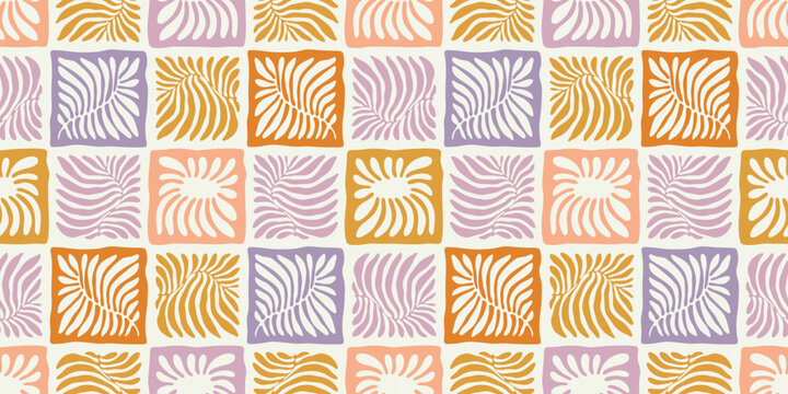 Abstract plant leaf art seamless pattern with colorful geometric mosaic shapes. Organic leaves cartoon background, simple nature checkered texture in vintage pastel colors. 