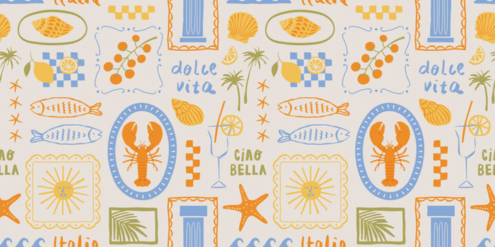 Hand drawn italian summer vacation patchwork seamless pattern. Colorful italy beach travel background art with lobster, palm tree and text quote. Sea food wallpaper texture, trendy surface design.