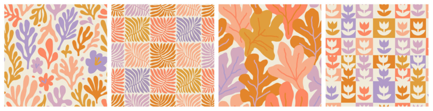 Abstract plant leaf art seamless pattern set with colorful freehand doodle collage. Organic leaves cartoon background collection, simple nature shapes in vintage pastel colors. 