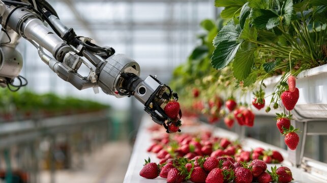 Robotic arm carefully harvests ripe strawberries in a modern greenhouse (1)