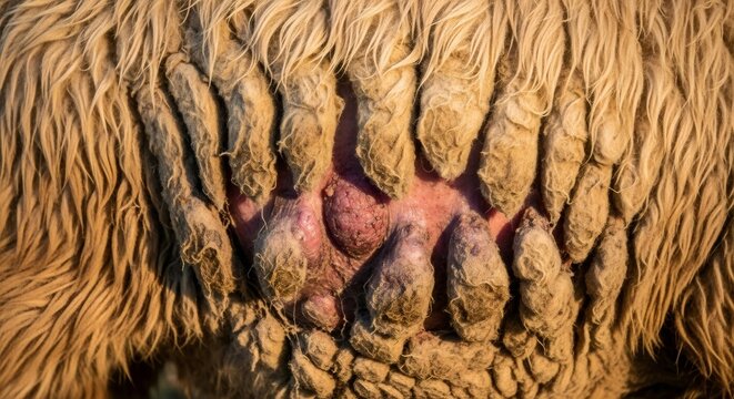 Sheep skin with skin disease and large tumor growth. Veterinary examination of livestock animal with dermatological condition. Inflammation of epidermis in farm animal for health diagnosis.
