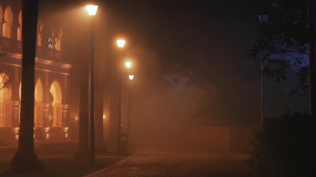 Misty empty city park promenade illuminated by Street Lamps through the fog at Night
