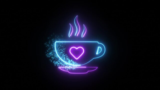 Blue Purple Neon Particles Coffee Cup with Glowing Heart and Steam Animation on Black Background
