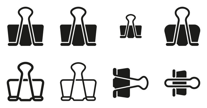 Minimalist binder clip icon variations set, premium vector line art bundle for digital marketing, clean geometric horizontal clips graphic designs for creative branding projects isolated on wh