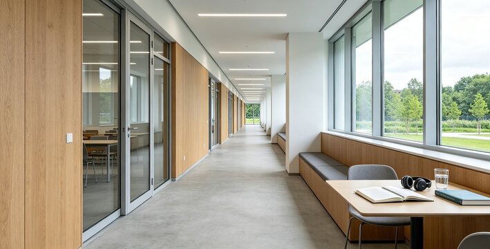 Bright modern long corridor with wooden paneling, Fits corporate architecture presentation slides, workplace design brochures, modern office web banners.