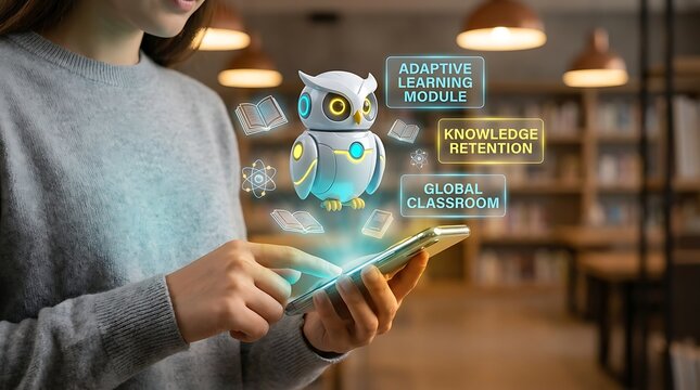 Robotic owl with holographic text for adaptive learning and global classroom on smartphone