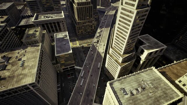 Downtown avenue funnel, New York City dense urban corridor with converging overpasses, moving vehicles, high vertical scale, rooftop textures, and strong