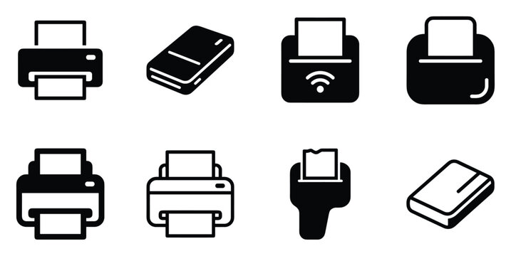 Minimalist portable printer icon variations set, premium vector line art bundle for digital marketing, clean geometric horizontal printers graphic designs for creative branding projects isolat