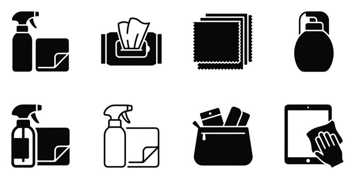 Minimalist screen cleaning kit icon variations set, premium vector line art bundle for digital marketing, clean geometric horizontal kits graphic designs for creative branding projects isolate