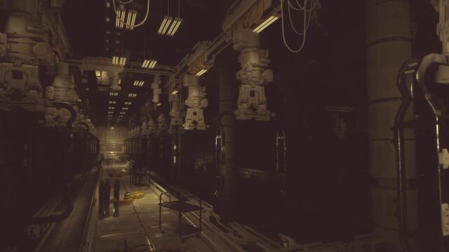 Long corridor with massive power pylons, heavy conduit and transformer banks, echoing floor and dim green indicator lights, industrial energy corridor vibe