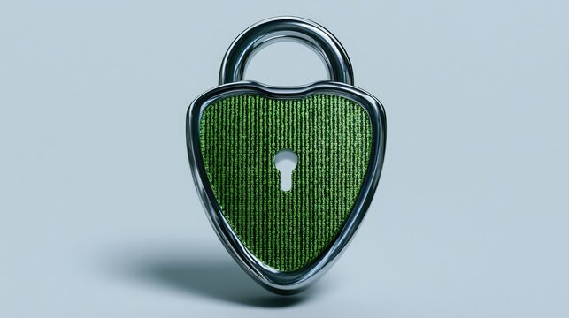 Heart-shaped metal padlock with a digital binary code pattern in green