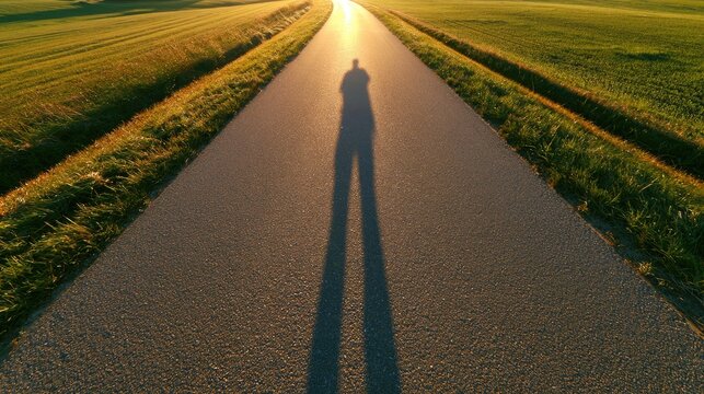 A lone shadow stretches long on a country road during a golden sunset