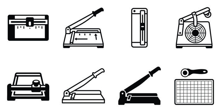 Minimalist paper trimmer icon variations set, premium vector line art bundle for digital marketing, clean geometric horizontal trimmers graphic designs for creative branding projects isolated 
