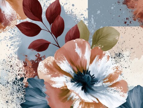 Artistic floral pattern with abstract watercolor splashes in muted earth tones