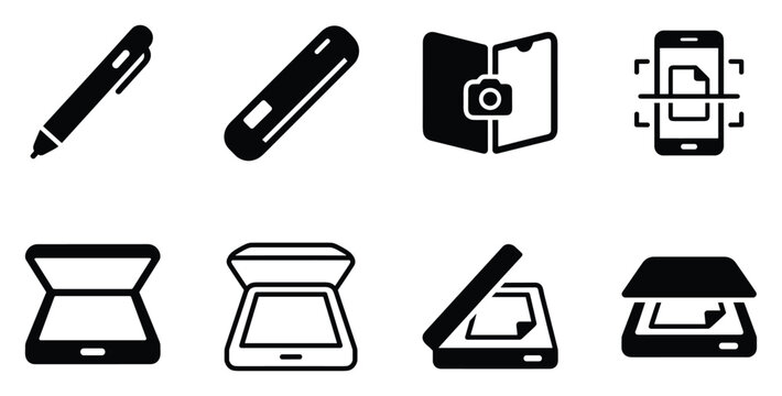 Minimalist portable scanner icon variations set, premium vector line art bundle for digital marketing, clean geometric horizontal scanners graphic designs for creative branding projects isolat