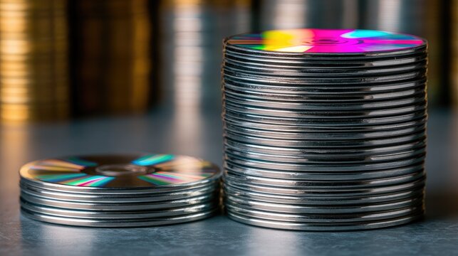 Two stacks of shiny optical discs with rainbow refractions, one tall, one short