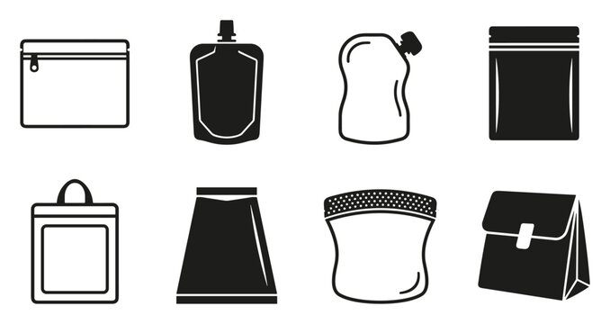 Minimalist snack pouch icon variations set, premium vector line art bundle for digital marketing, clean geometric horizontal pouches graphic designs for creative branding projects isolated on 