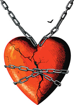 Broken heart chained, symbolizing emotional pain and confinement, freedom, or broken love