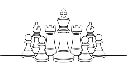 Continuous Line Drawing of Chess Pieces: King, Rooks, Bishops, Pawns © Cici