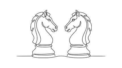 Two chess knight pieces facing each other, continuous line drawing, minimalist concept © Cici