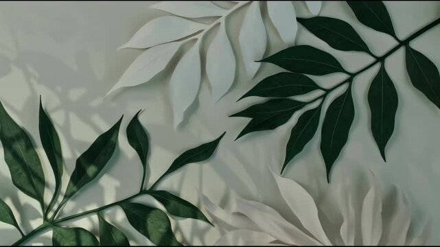 Lush green leaf shadow over cream background with paper flower botanical foliage calm composition