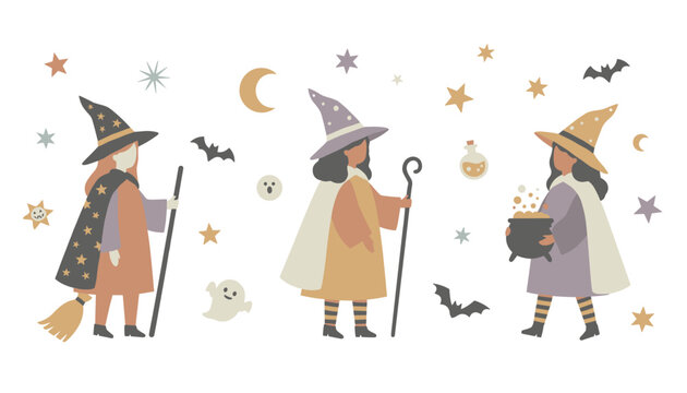 Three young witches with cauldrons and magic brooms create a Halloween atmosphere surrounded by stars bats and ghosts in this illustration.