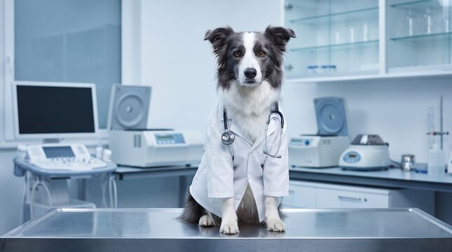 Smart border collie dog dressed as a veterinarian wearing a white lab coat and stethoscope in a clinic.