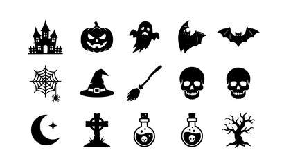 Fototapeta premium Halloween vector silhouette spooky icon set with haunted house pumpkin ghost bat and witch symbols