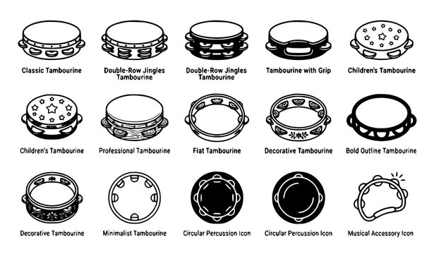 Twelve Tambourine Icons Bundle Classic Professional Decorative Minimalist Children Jingle Percussion Instrument Vector Illustration Set