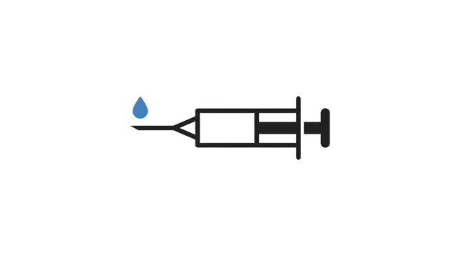 Medical hypodermic syringe icon with blue liquid droplet isolated on white background