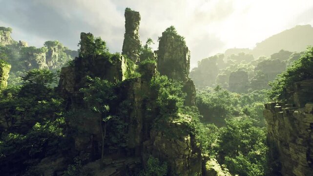 Mosscovered karst towers rising through jungle canopy, vertical limestone monoliths with layered vegetation, dramatic depth and contrast, mistsoftened