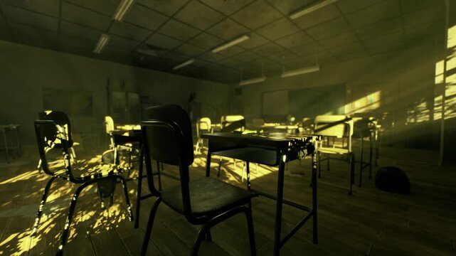 Sun backlight filling classroom, desks and chairs bathed in warm glow, scattered backpacks suggest recent departure, gentle dust and long shadows emphasize