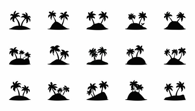 Collection of Tropical Island Silhouette Icons with Palm Trees Vector Set