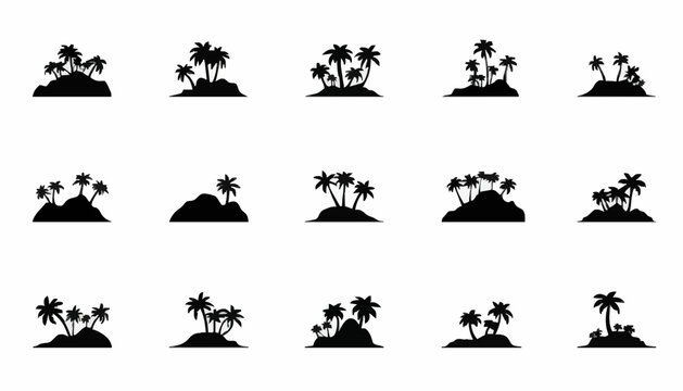 Collection of Tropical Island Silhouette Icons with Palm Trees Vector Set