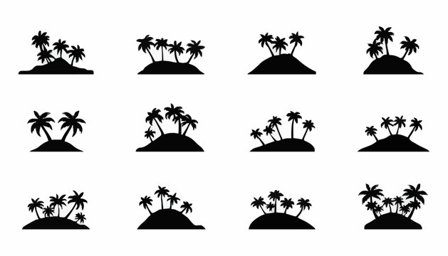Collection of Tropical Island Silhouette Icons with Palm Trees Vector Set