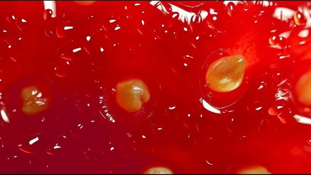 Glossy red strawberry macro seed droplet closeup vibrant texture and freshness
