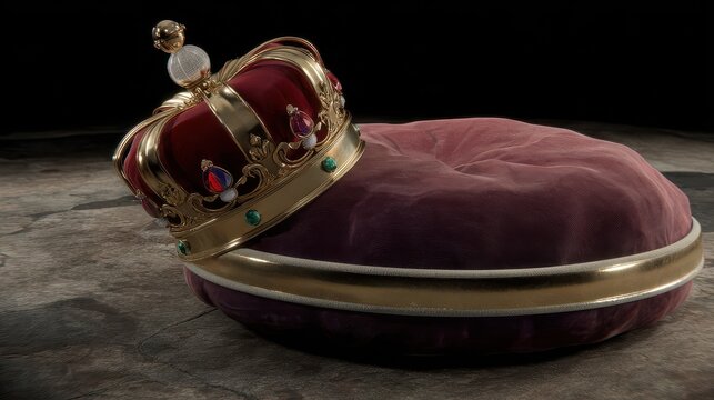 crown resting on a red velvet cushion with gold trim featuring regal, royal, throne