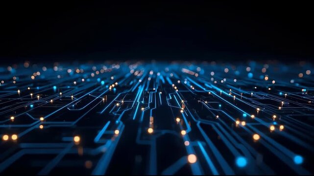 Glowing circuit board lines and traces with blue LED light glowing nodes and golden depth ambiance