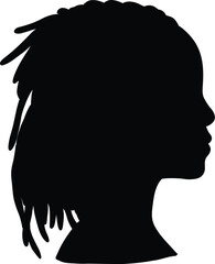 Solid black silhouette vector illustration featuring the side profile portrait of a person's head with long, textured dreadlocks or twists cascading down the back, isolated on a pure white background © amodha