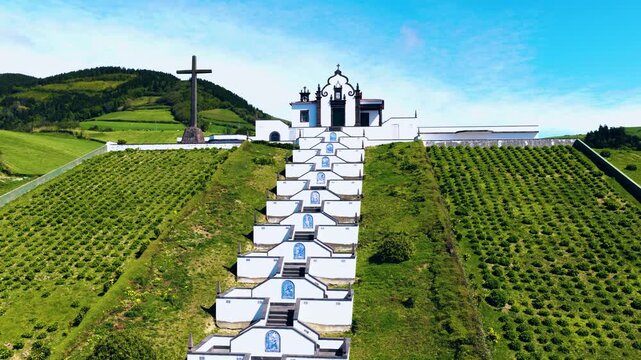 Chapel Of Nossa Senhora da Paz In Sao Miguel, Azores, Portugal - Drone Shot