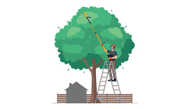 Professional tree surgeon wearing safety gear climbing a ladder to prune and trim tree branches for landscape maintenance and site safety.