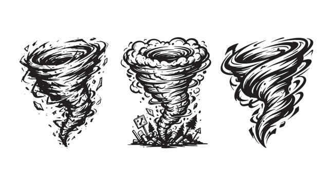 Three different artistic depictions of tornadoes with swirling clouds and scattered debris, graffiti black ink style on a white background